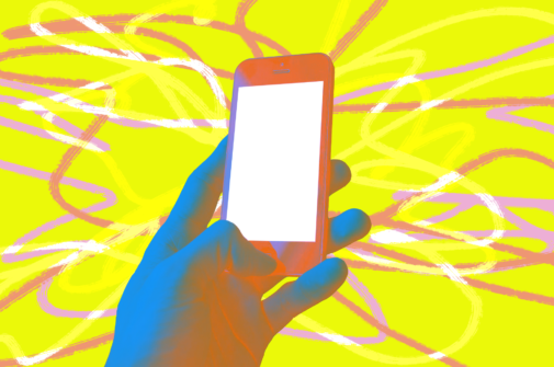 brightly colored image of a hand holding a cellphone